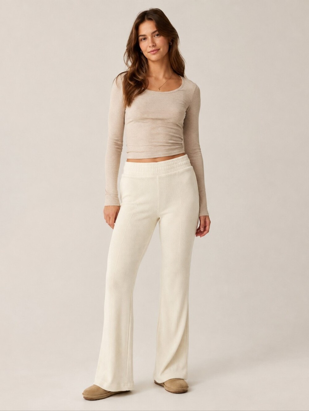 Aerie Women’s Cream Ribbed Flare-Leg Pants